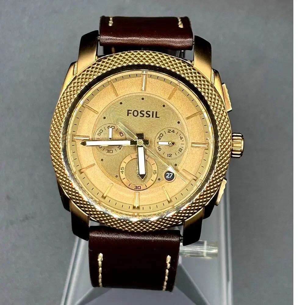 Fossil FS5075 Machine Chronograph Gold Tone Leather Strap Men's Watch 44mm